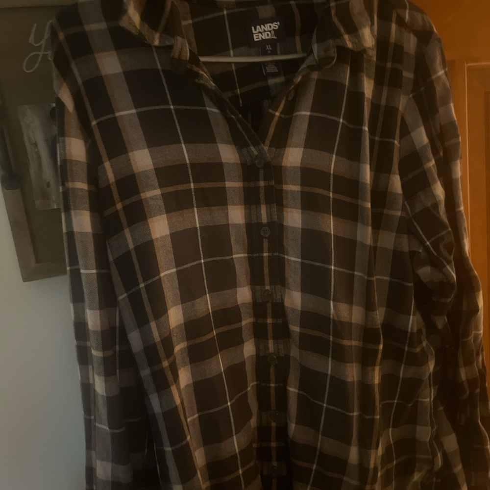 Lands' End Black and White Plaid Shirt